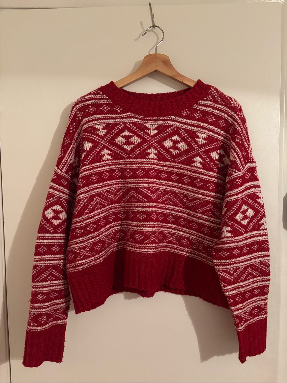 American Eagle Outfitters Red Fair Isle Crewneck Sweater